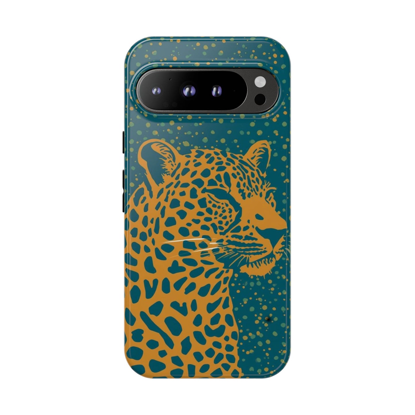 Leopard Print Tough Phone Case — Gold Panther on Teal, Protective iPhone Cover