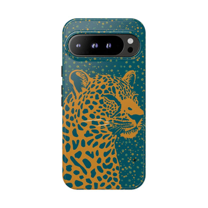 Leopard Print Tough Phone Case — Gold Panther on Teal, Protective iPhone Cover