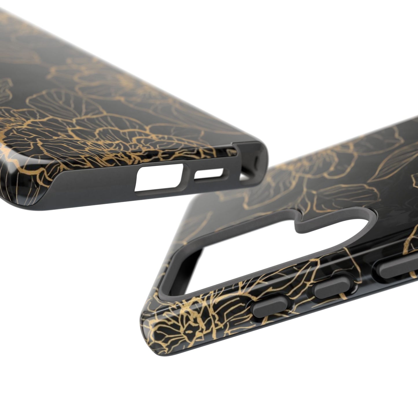 Floral Gold Outline Tough Phone Case – Black Botanical Protective Cover