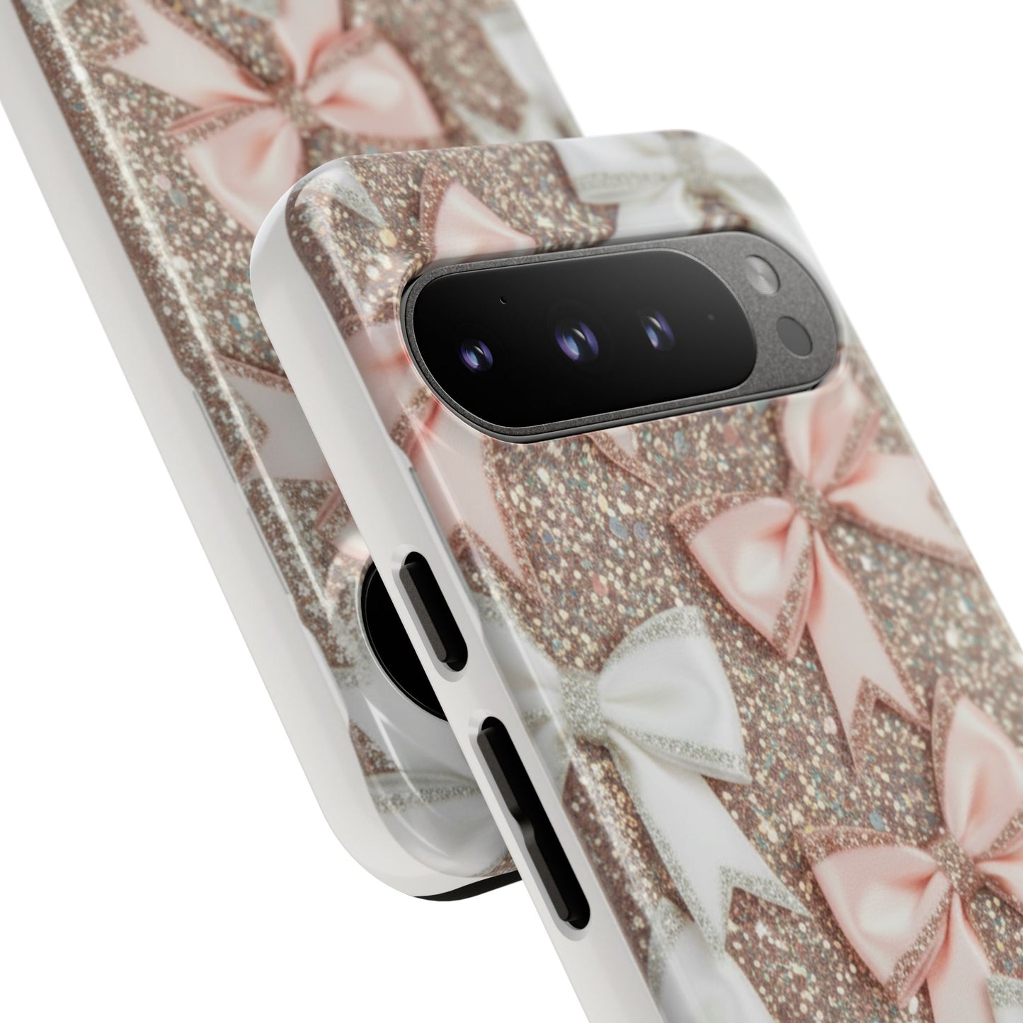 Glitter Bow Tough Phone Case — Pink & White Ribbon Protective Cover