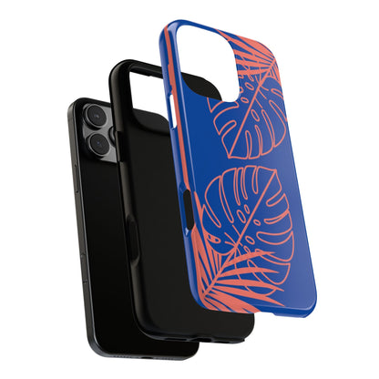 Tropical Monstera Phone Case — Blue & Coral Leaf Protective Cover