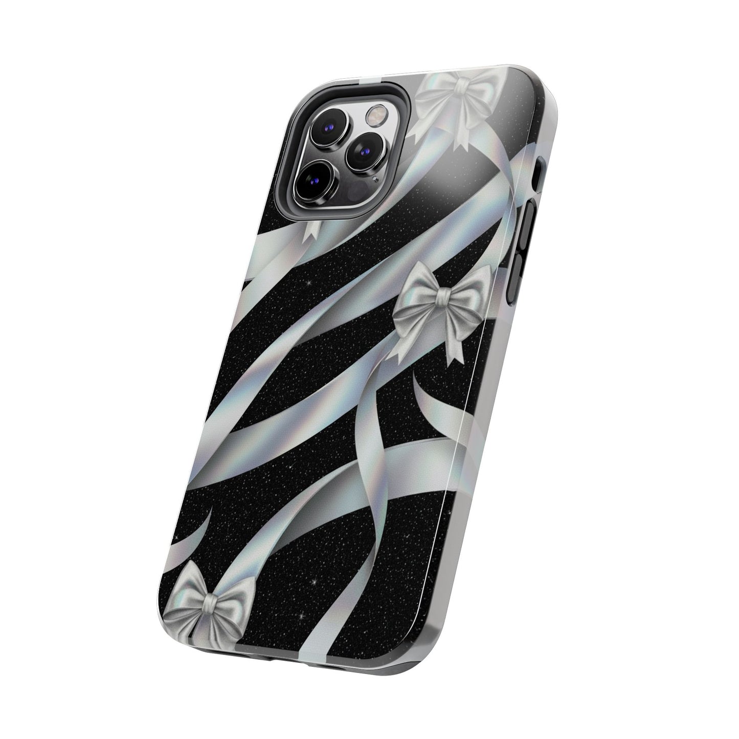 Silver Ribbon Bow Tough Phone Case — Glitter Black Protective Phone Case
