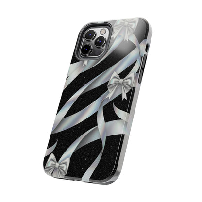 Silver Ribbon Bow Tough Phone Case — Glitter Black Protective Phone Case