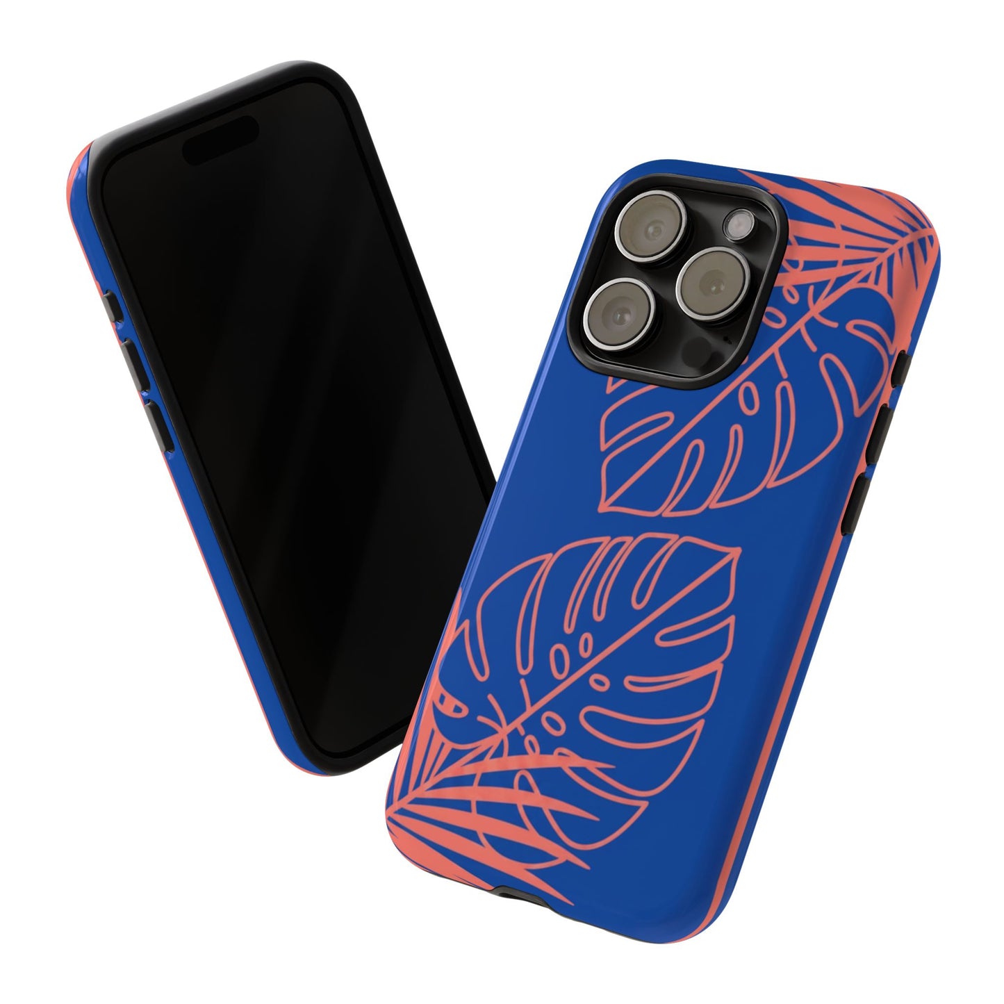 Tropical Monstera Phone Case — Blue & Coral Leaf Protective Cover