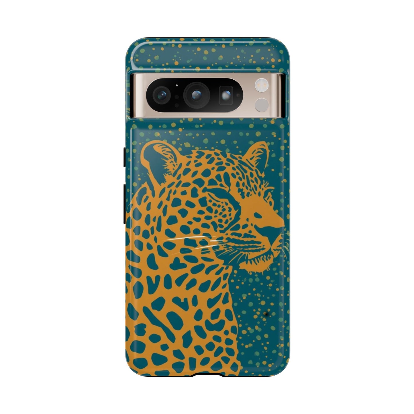 Leopard Print Tough Phone Case — Gold Panther on Teal, Protective iPhone Cover