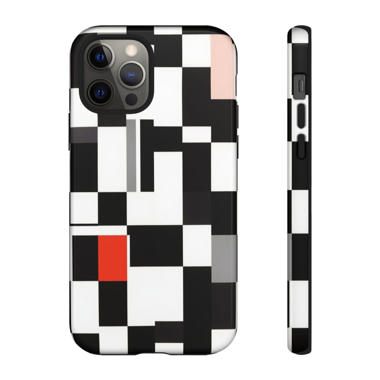 Abstract Geometric Phone Case – Black & White Checker Grid with Red Accent