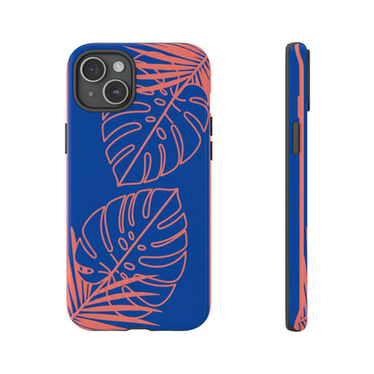 Tropical Monstera Phone Case — Blue & Coral Leaf Protective Cover
