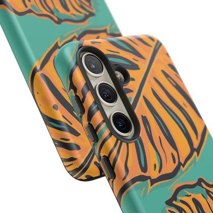 Tropical Leaf Tough Phone Case — Orange Monstera Design on Teal