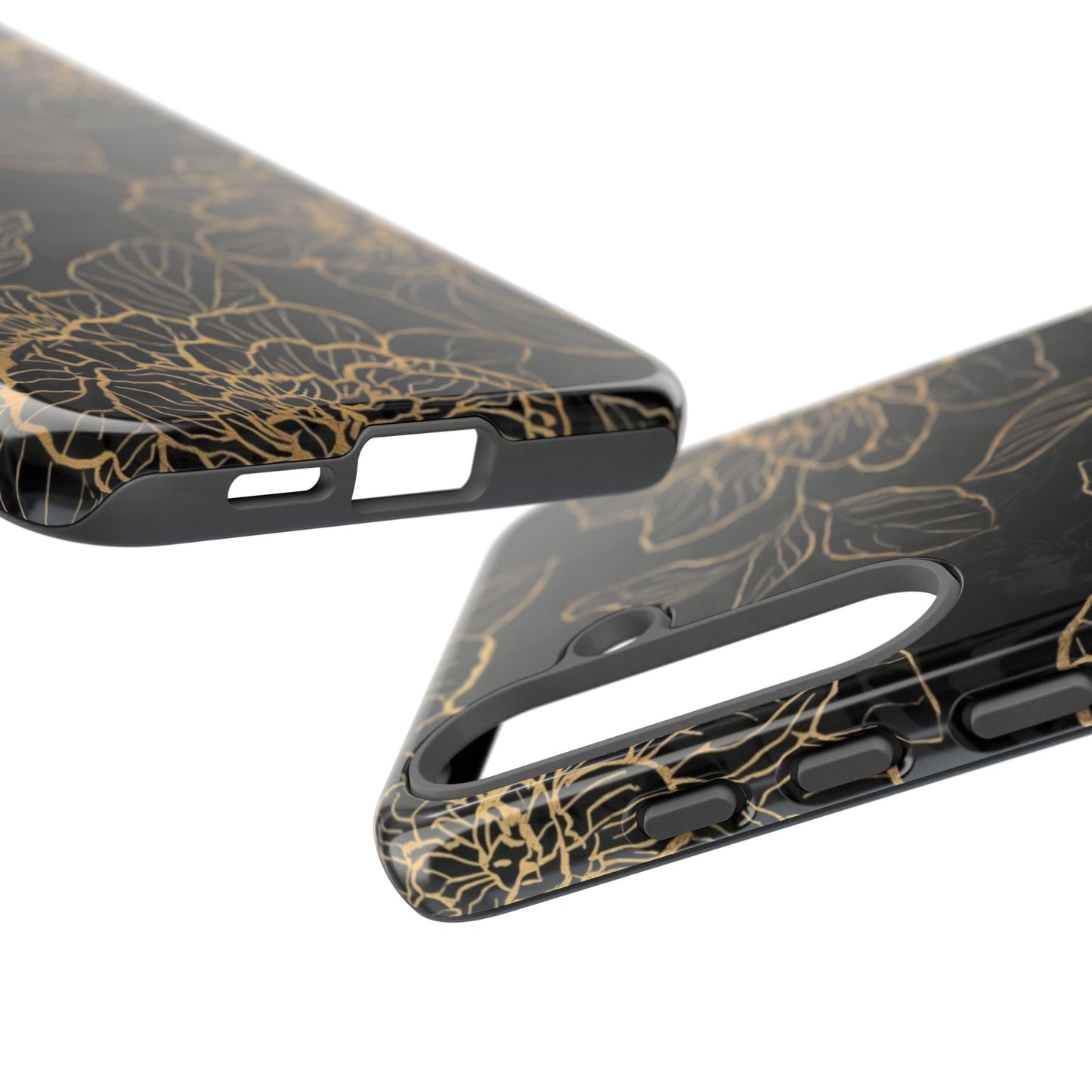 Floral Gold Outline Tough Phone Case – Black Botanical Protective Cover