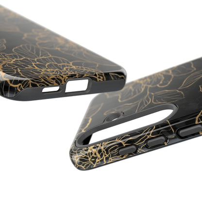 Floral Gold Outline Tough Phone Case – Black Botanical Protective Cover