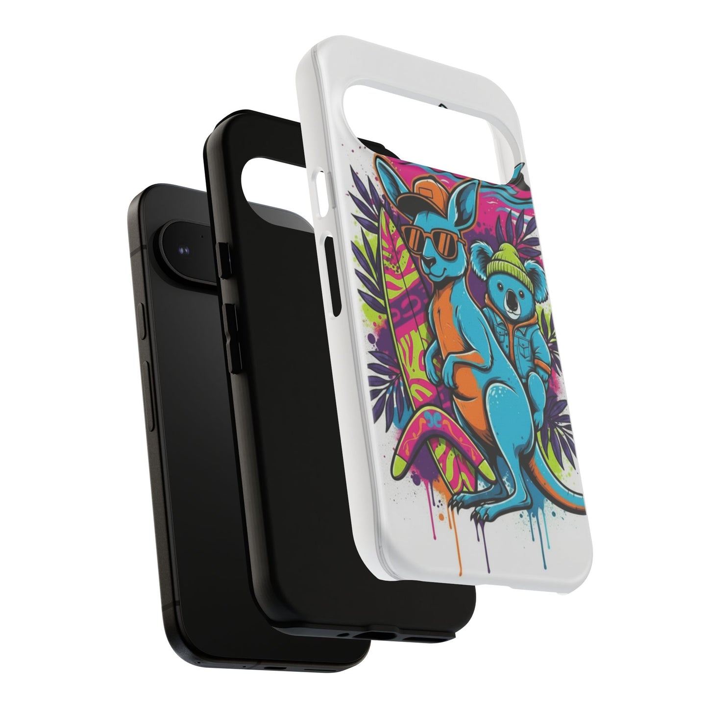 Kangaroo & Koala Surf Phone Case — Retro Neon Beach Art Tough Case