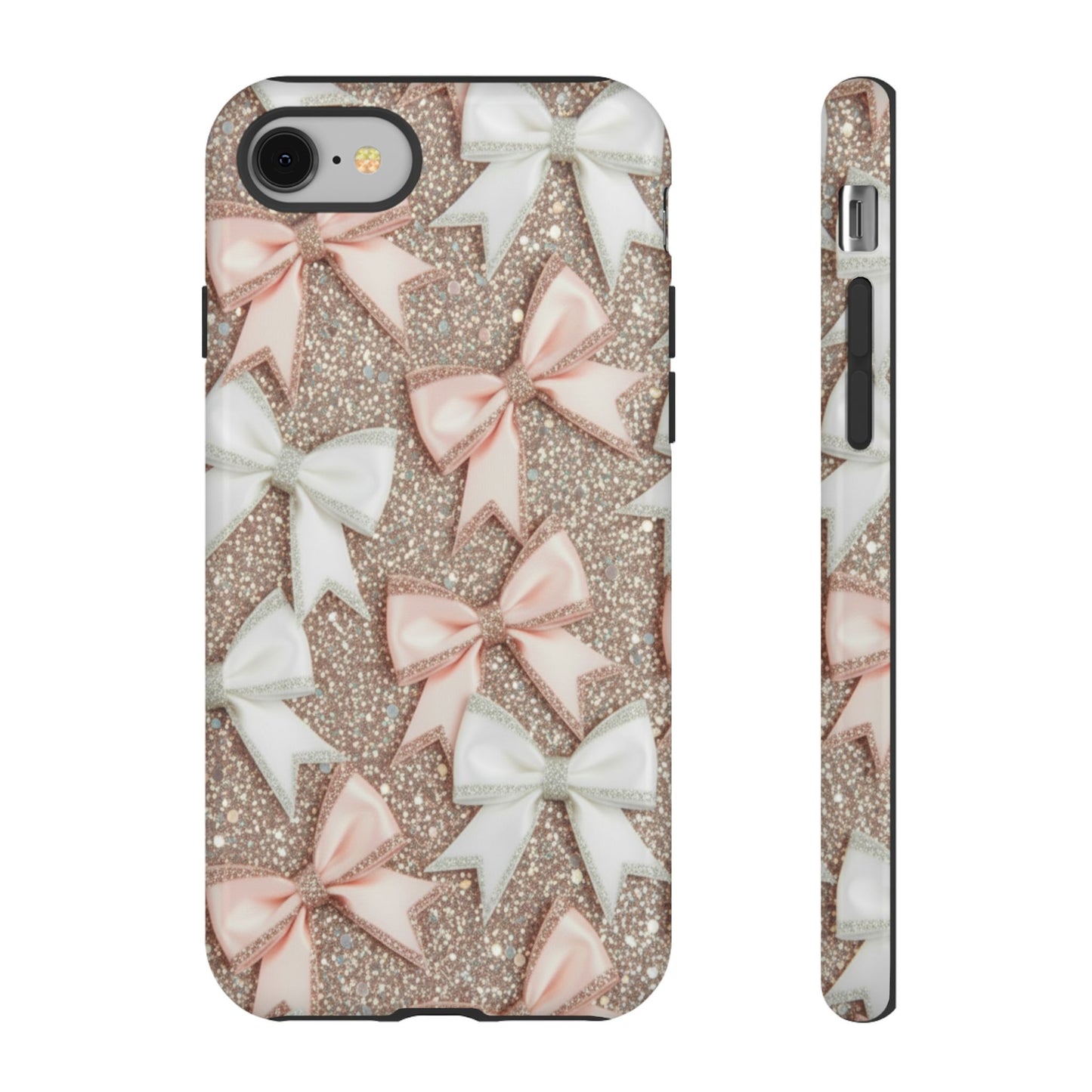 Glitter Bow Tough Phone Case — Pink & White Ribbon Protective Cover