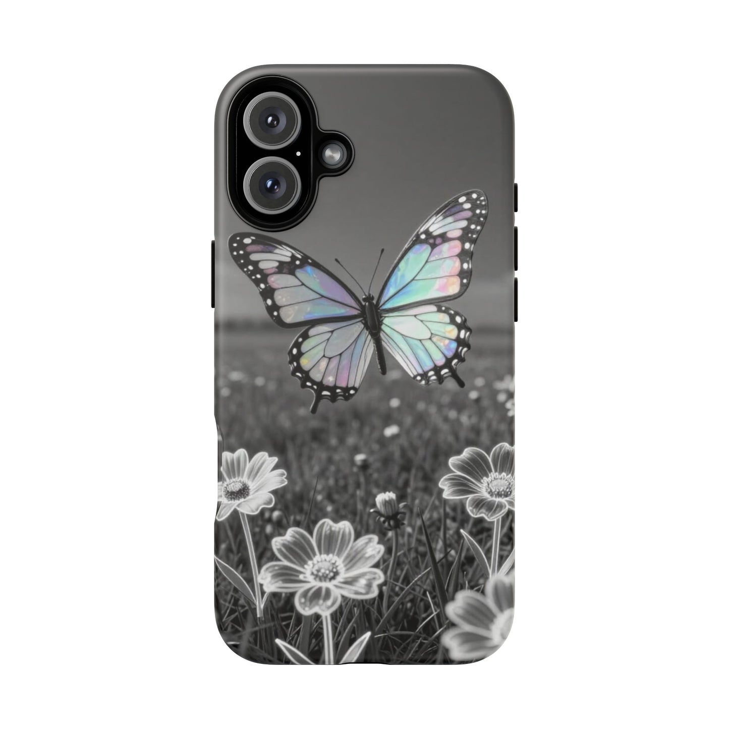 Butterfly Field Tough Phone Case — Pastel Holographic Butterfly on Black & White Floral Background