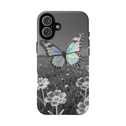 Butterfly Field Tough Phone Case — Pastel Holographic Butterfly on Black & White Floral Background