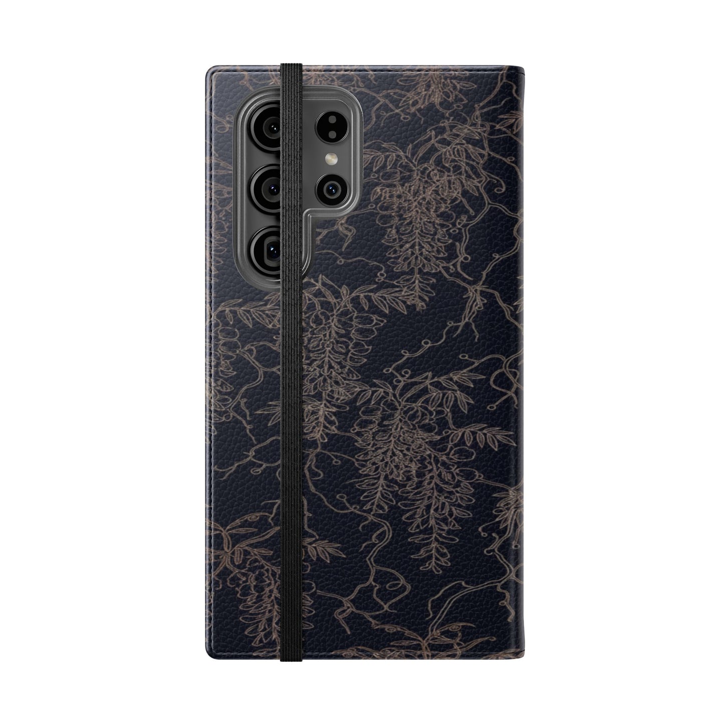 Botanical Noir Flip Phone Case — Dark Floral Wallet Cover with Card Slots
