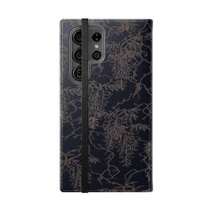 Botanical Noir Flip Phone Case — Dark Floral Wallet Cover with Card Slots
