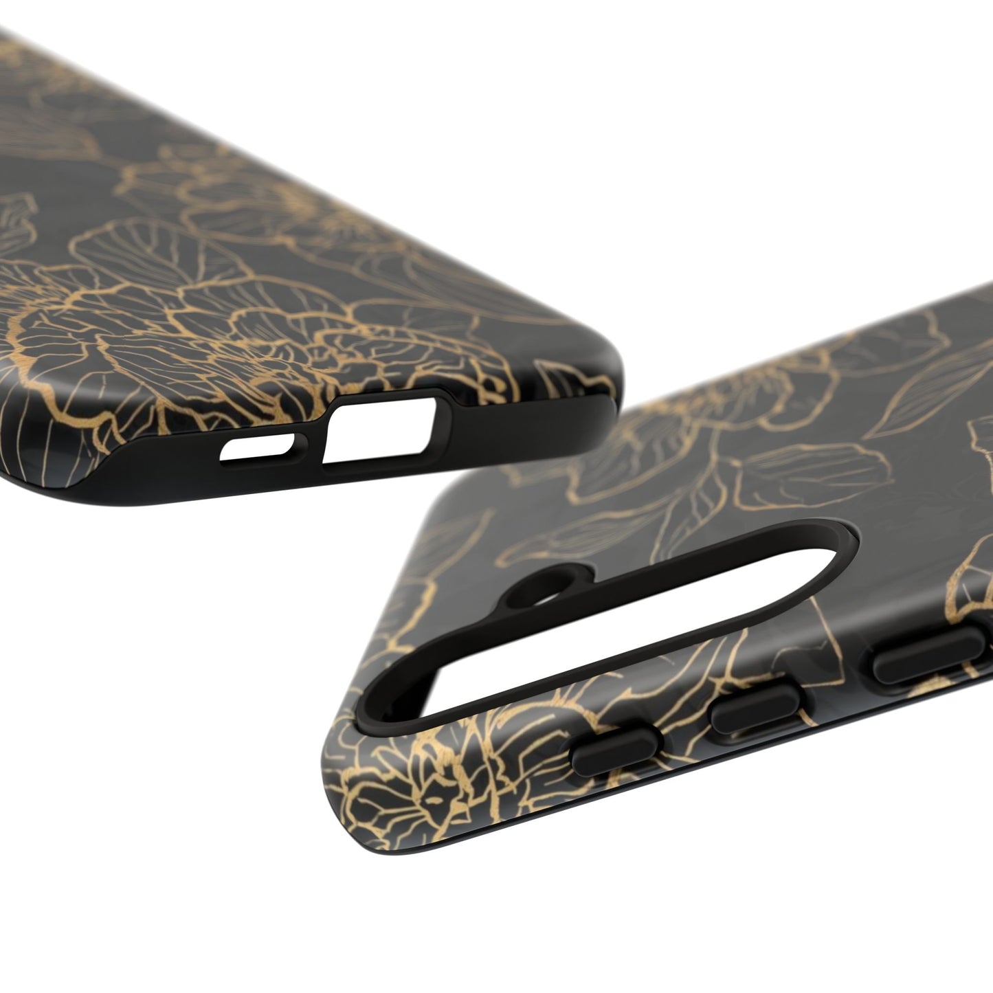 Floral Gold Outline Tough Phone Case – Black Botanical Protective Cover