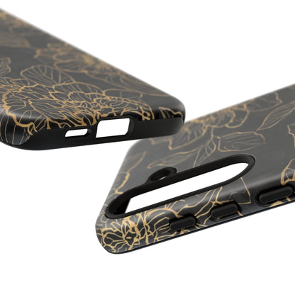 Floral Gold Outline Tough Phone Case – Black Botanical Protective Cover