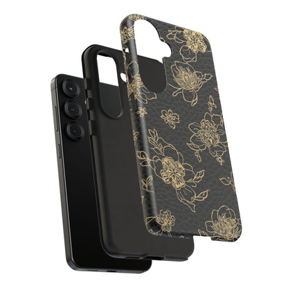 Floral Leather Phone Case — Gold Outline Flowers on Black Tough Case