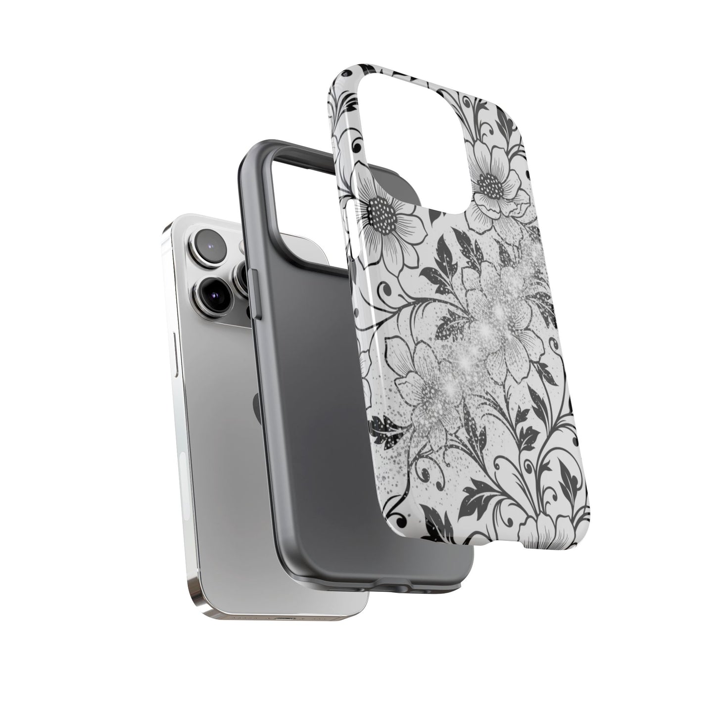 Floral Lace Phone Case — Black & White Vintage Flower Protective Case