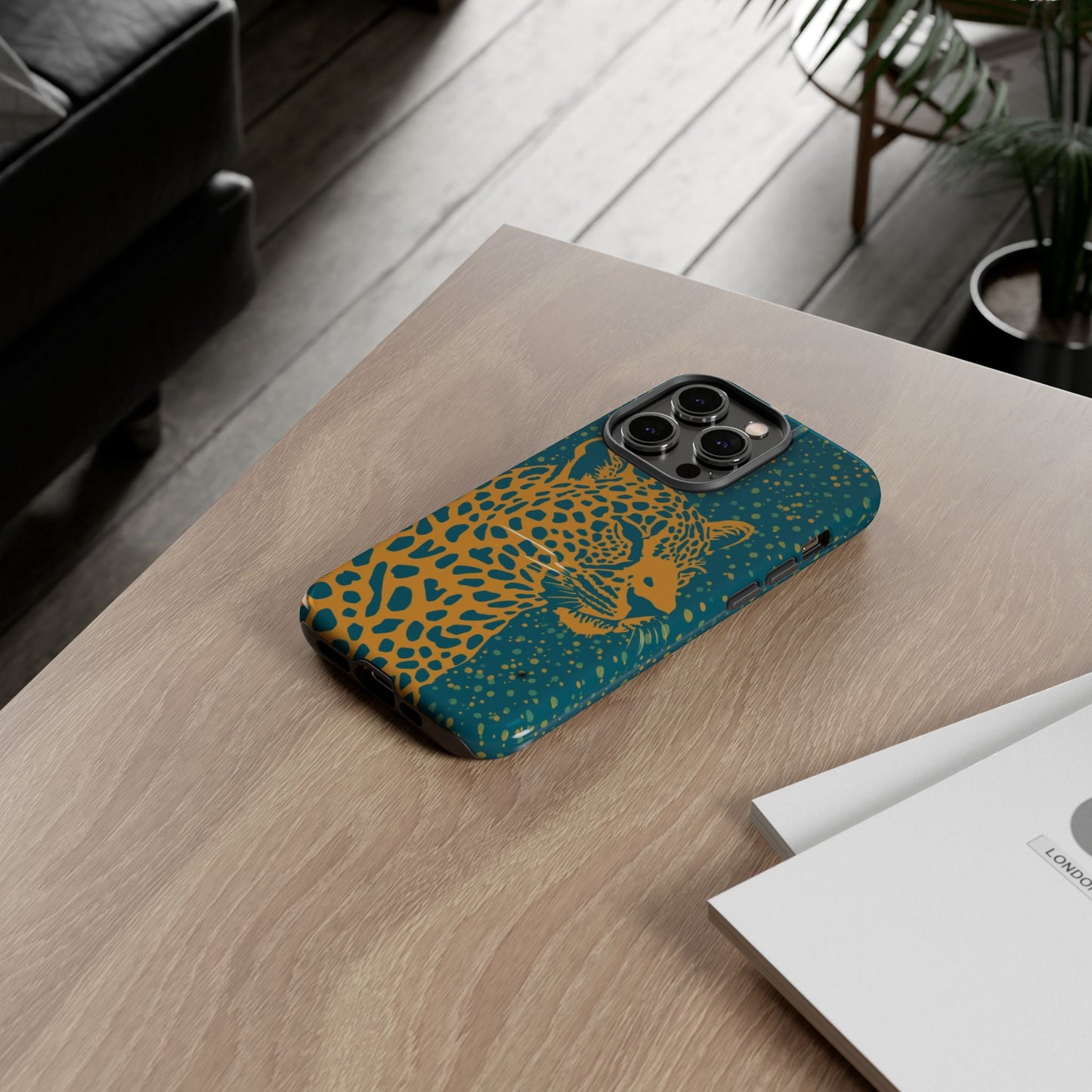 Leopard Print Tough Phone Case — Gold Panther on Teal, Protective iPhone Cover