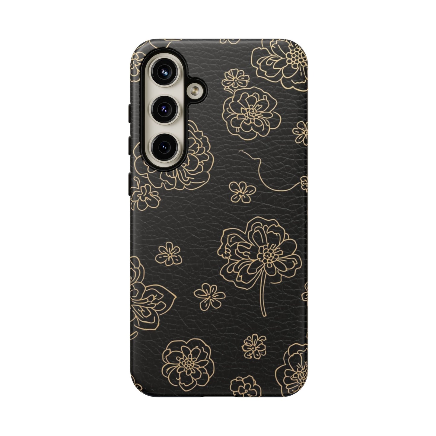 Floral Leather-Texture Tough Case – Black Gold Outline Phone Cover