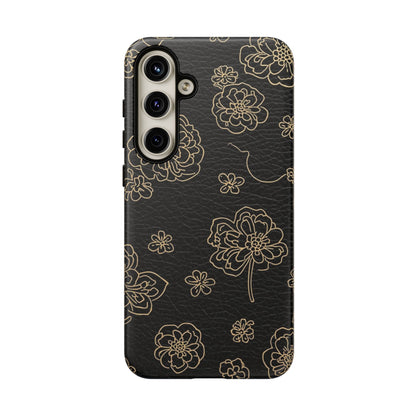 Floral Leather-Texture Tough Case – Black Gold Outline Phone Cover