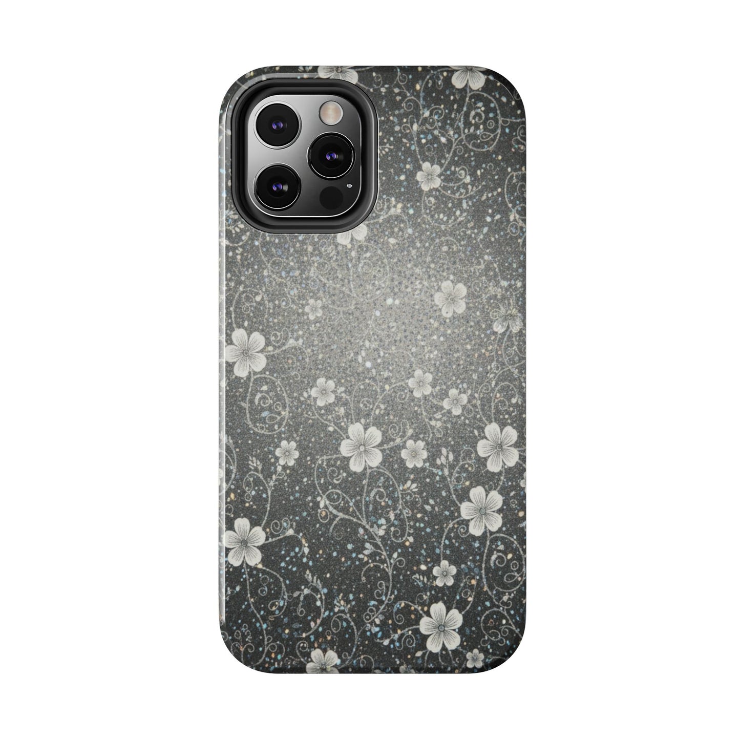 Floral Sparkle Tough Phone Case — Black & Silver Vintage Blossom