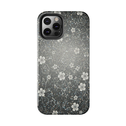 Floral Sparkle Tough Phone Case — Black & Silver Vintage Blossom