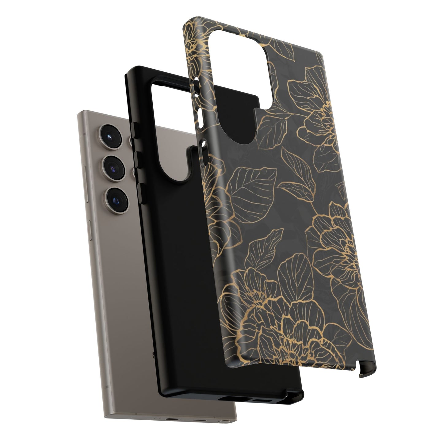 Floral Gold Outline Tough Phone Case – Black Botanical Protective Cover