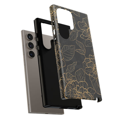 Floral Gold Outline Tough Phone Case – Black Botanical Protective Cover