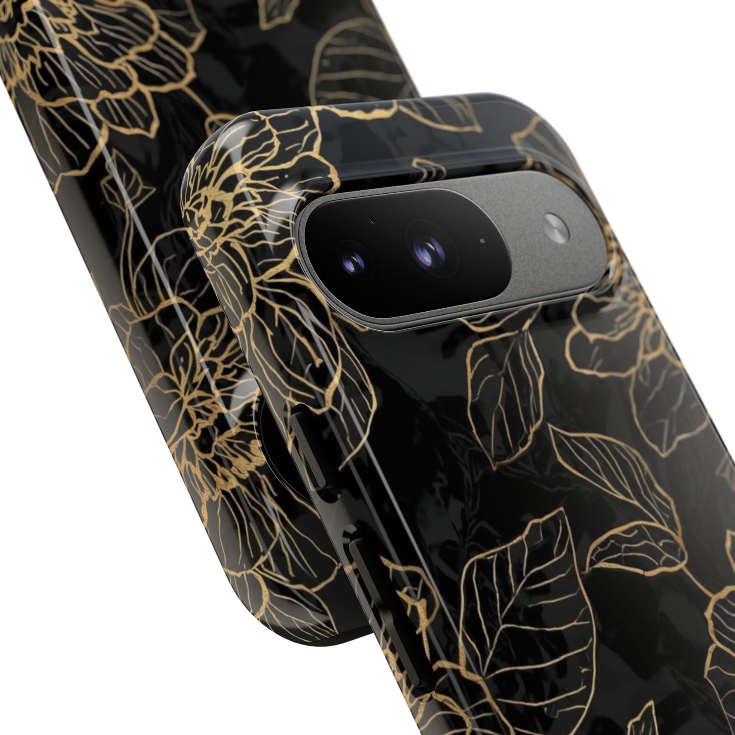 Floral Gold Outline Tough Phone Case – Black Botanical Protective Cover