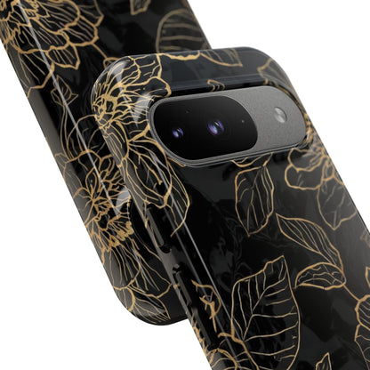 Floral Gold Outline Tough Phone Case – Black Botanical Protective Cover