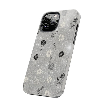 Floral Glitter Tough Phone Case — Black & Silver Vintage Flower Protective Cover