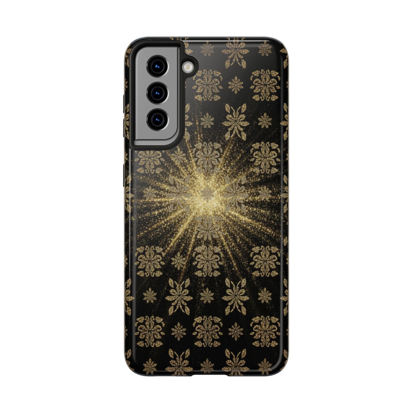 Glitter Burst Tough Phone Case — Black & Gold Floral Protective Cover