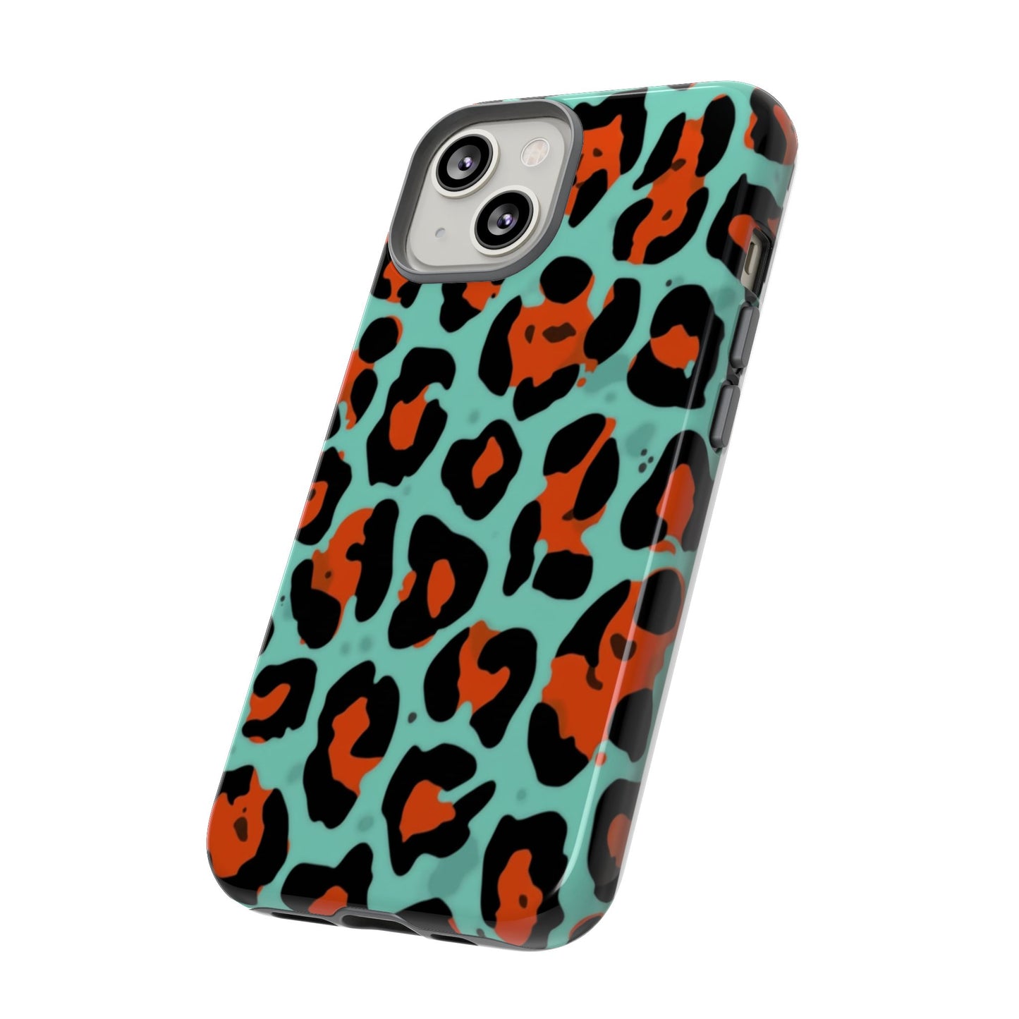 Leopard Print Tough Phone Case — Teal & Rust Protective iPhone Cover