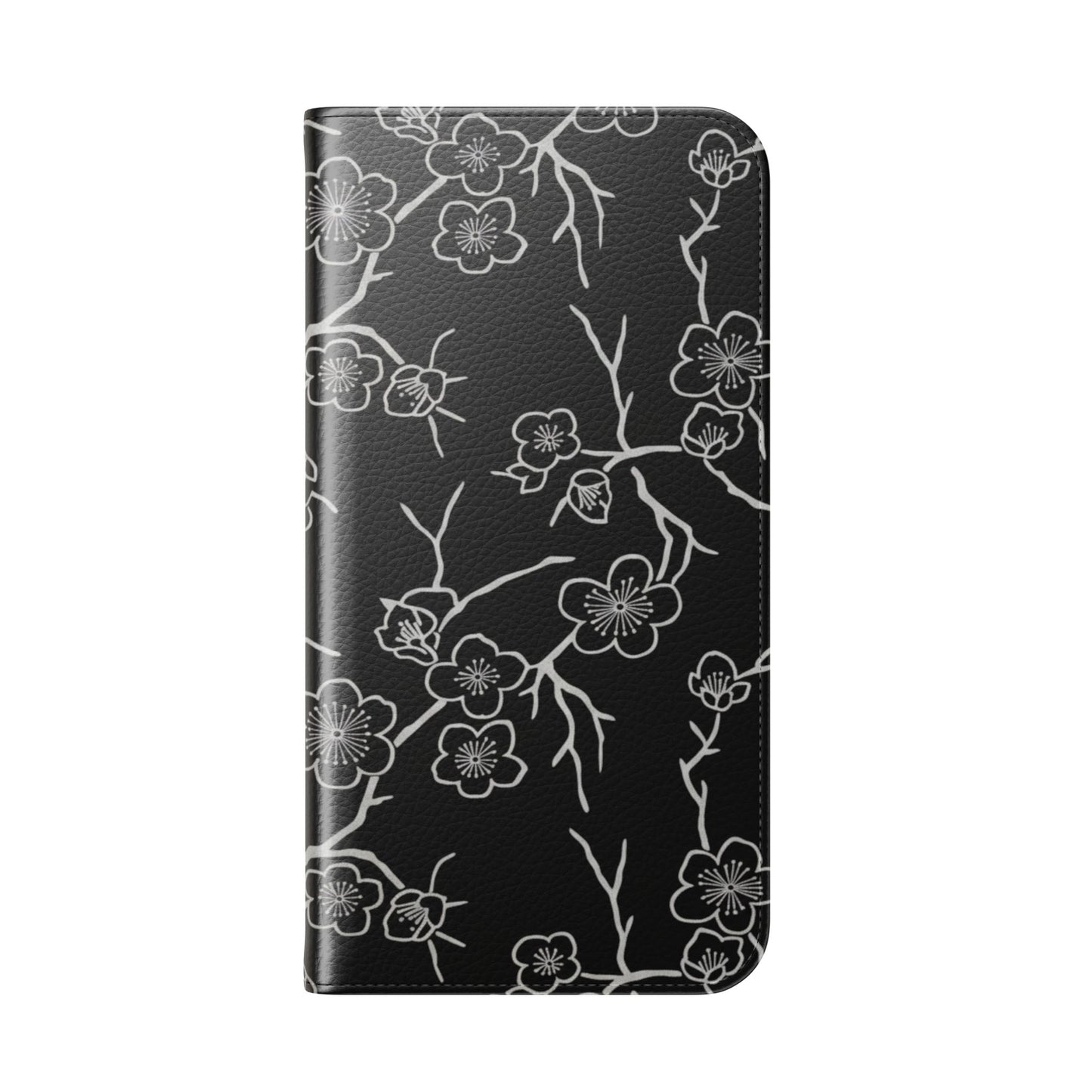Black Cherry Blossom Flip Phone Case – Floral Wallet Flip Case with Card Slots