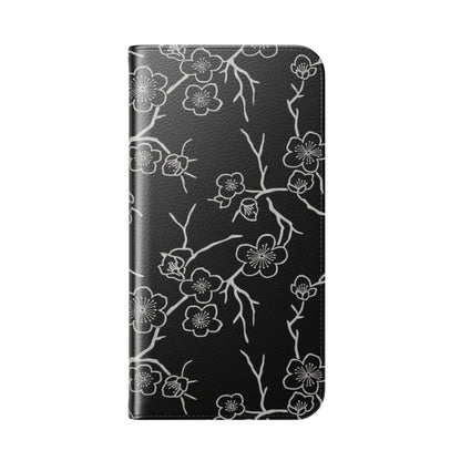 Black Cherry Blossom Flip Phone Case – Floral Wallet Flip Case with Card Slots