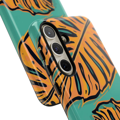 Tropical Leaf Tough Phone Case — Orange Monstera Design on Teal