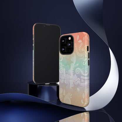 Tough Cases: Pastel Beach Pattern Phone Case — Starfish & Coastal Cityscape Protective Cover