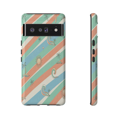 Retro Beach Stripes Phone Case — Sun, Waves & Palm Pattern Tough Case