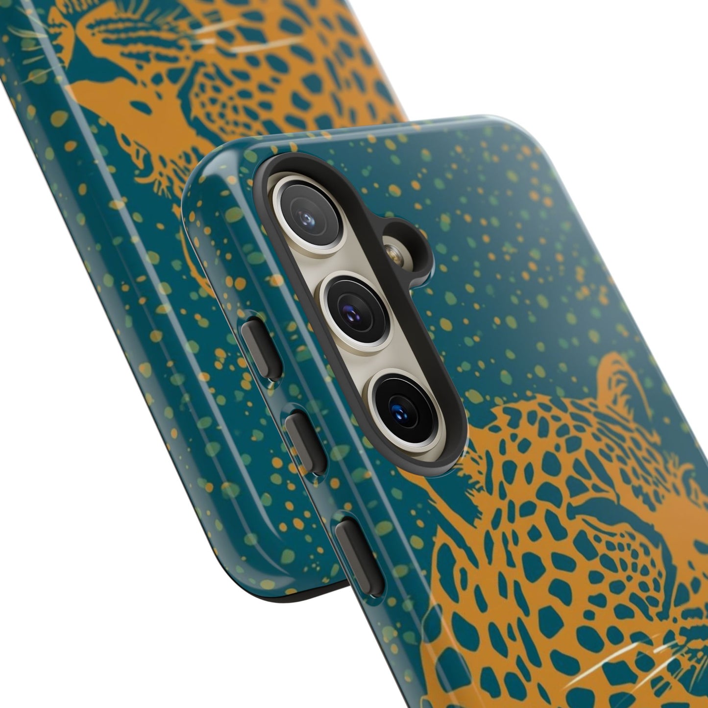 Leopard Print Tough Phone Case — Gold Panther on Teal, Protective iPhone Cover