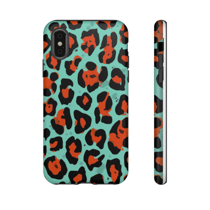 Leopard Print Tough Phone Case — Teal & Rust Protective iPhone Cover