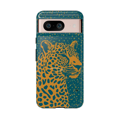 Leopard Print Tough Phone Case — Gold Panther on Teal, Protective iPhone Cover