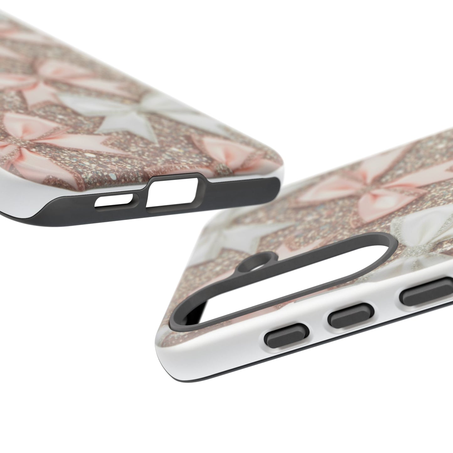 Glitter Bow Tough Phone Case — Pink & White Ribbon Protective Cover