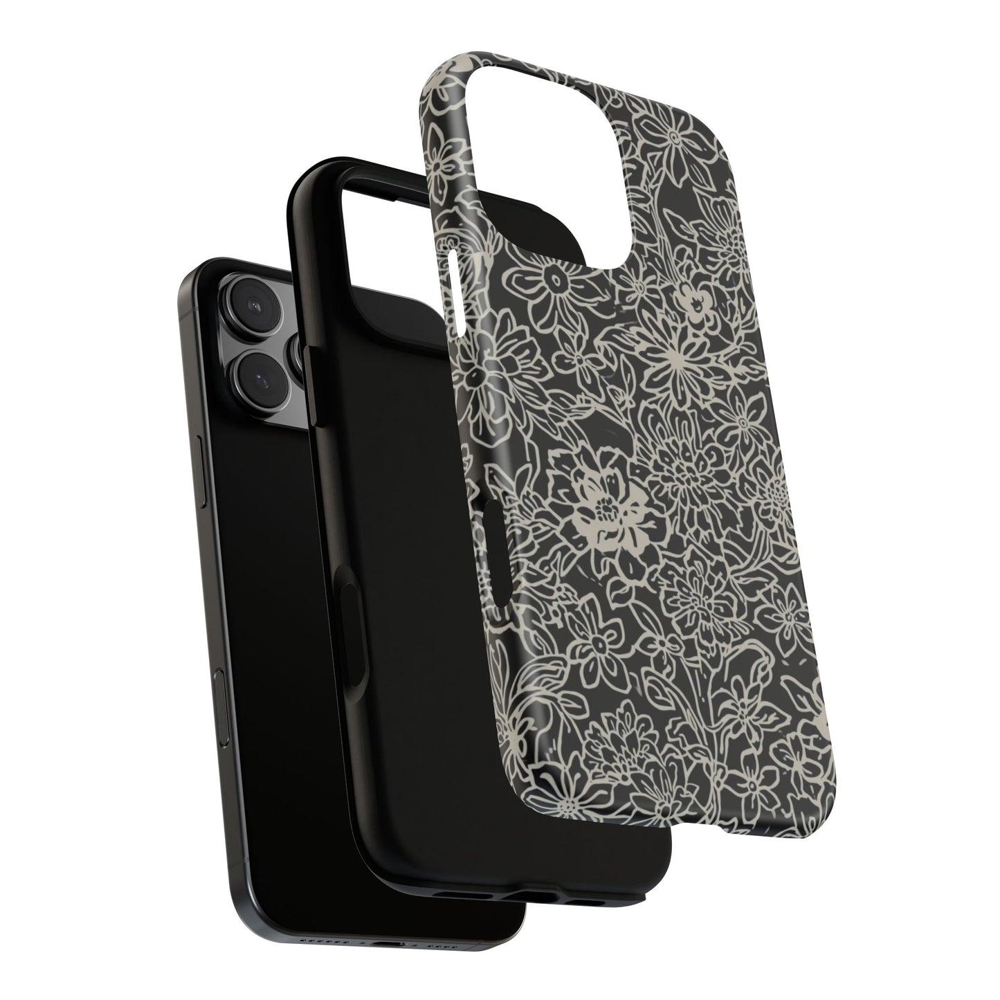 Floral Doodle Tough Phone Case — Black & White Sketch Flower Protective Cover
