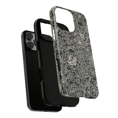 Floral Doodle Tough Phone Case — Black & White Sketch Flower Protective Cover