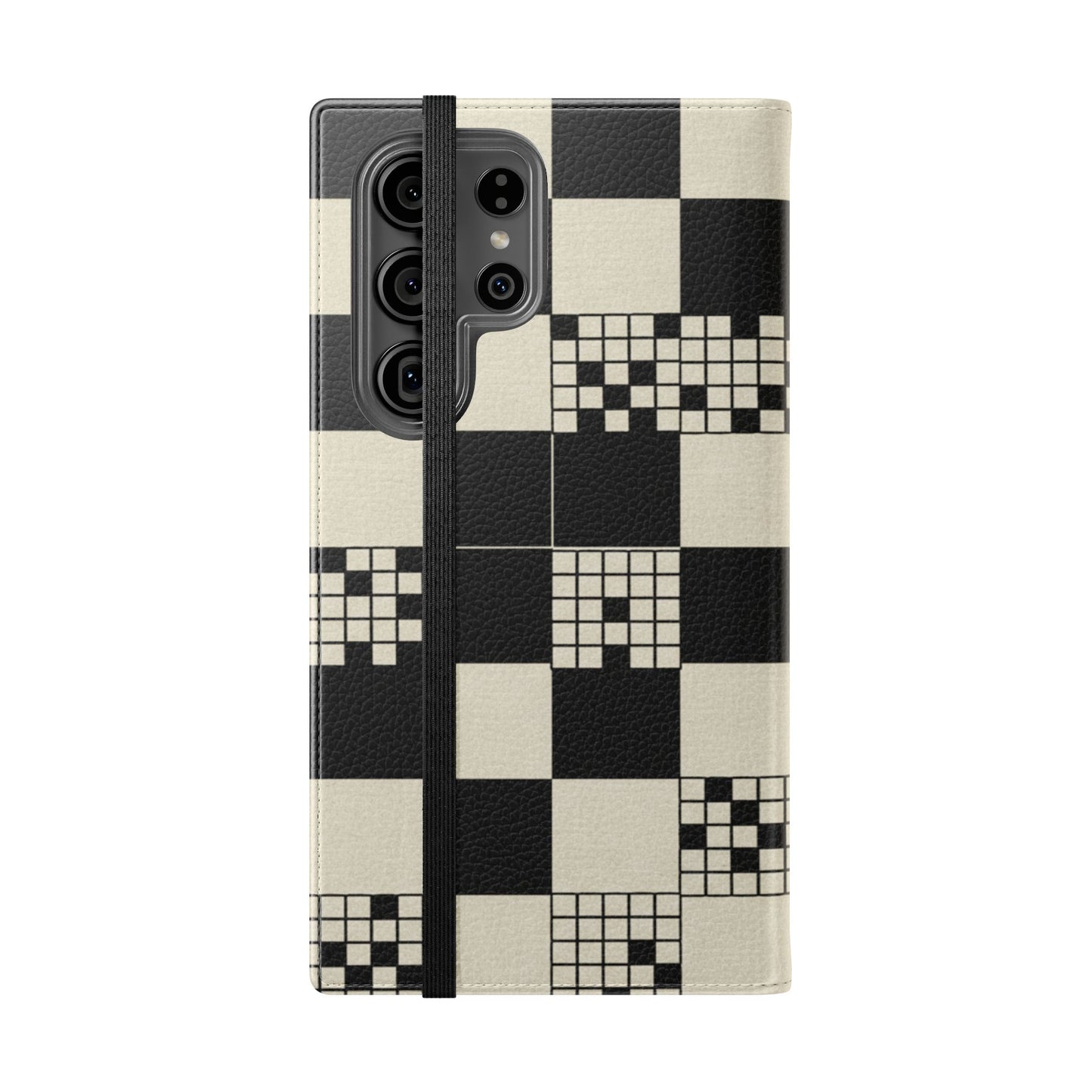 Checkerboard Flip Phone Case – Retro Black & Cream Geometric Wallet Case