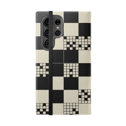 Checkerboard Flip Phone Case – Retro Black & Cream Geometric Wallet Case