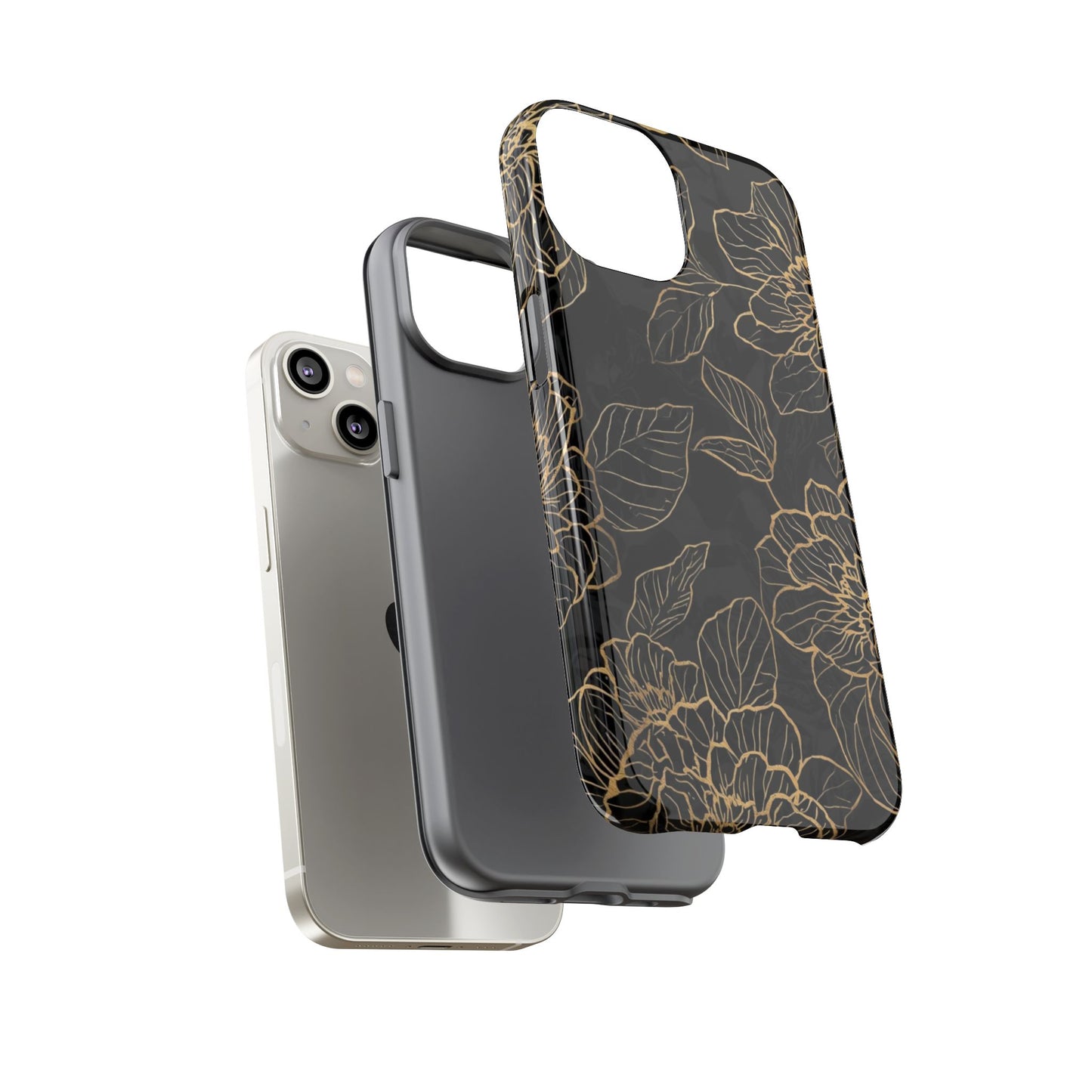 Floral Gold Outline Tough Phone Case – Black Botanical Protective Cover